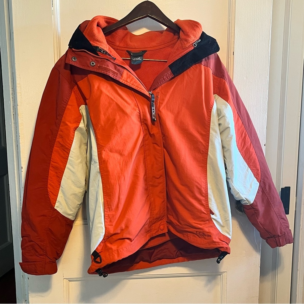 L.L. Bean Women’s Size Medium Coat Jacket Orange Zip Up Hooded 2 in 1 Flannel